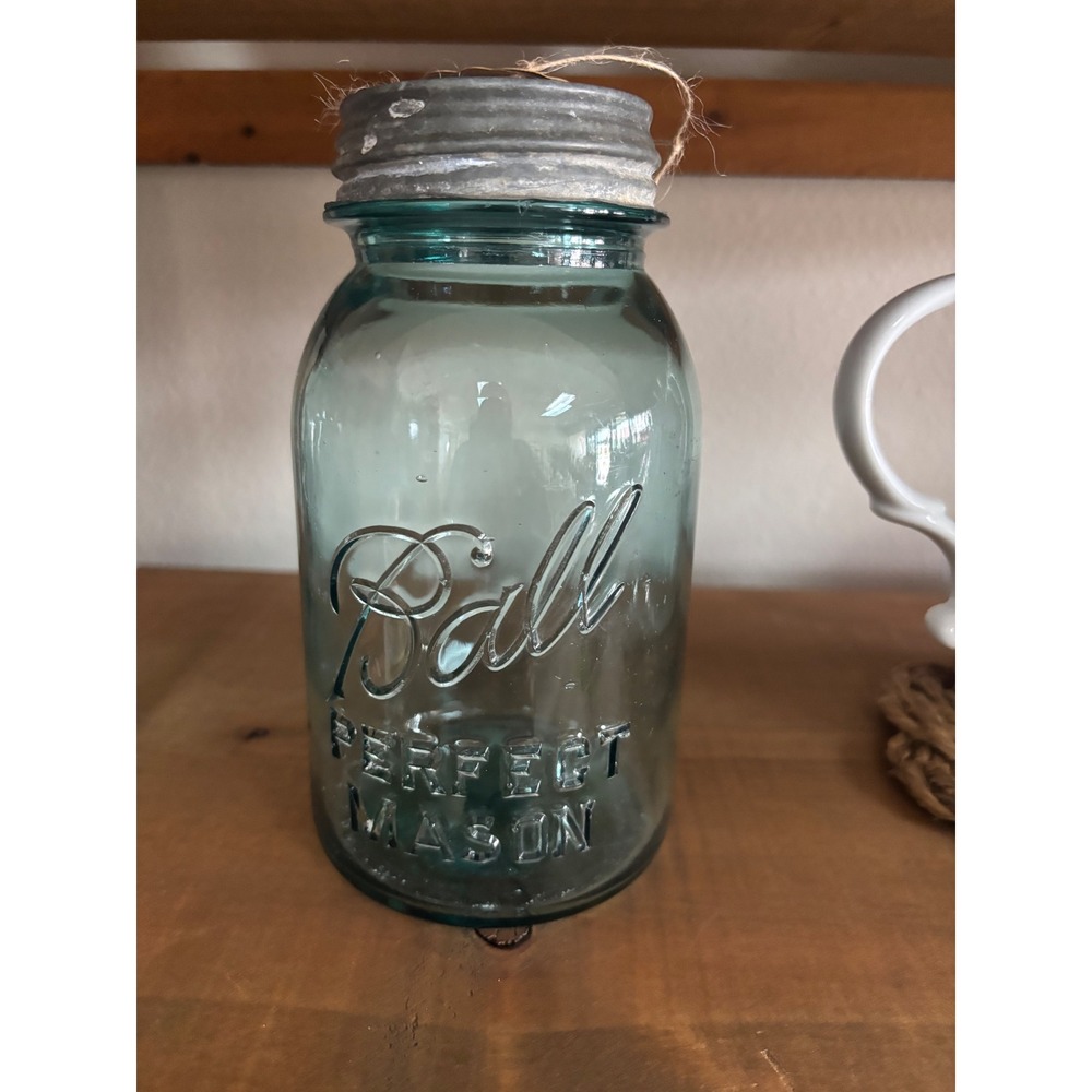 Vintage Ball Perfect Mason Jar Aqua Blue Glass Quart with Zinc Lid 7 Inch